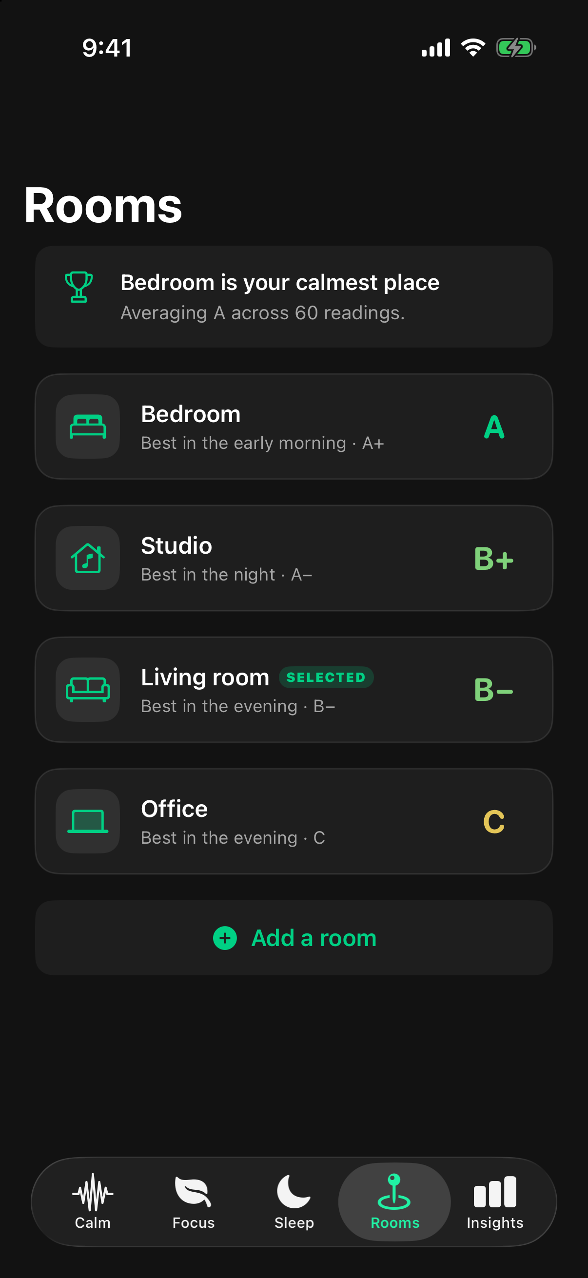 Rooms screen comparing Bedroom, Studio, Living room and Office, with grades and calmer times of day