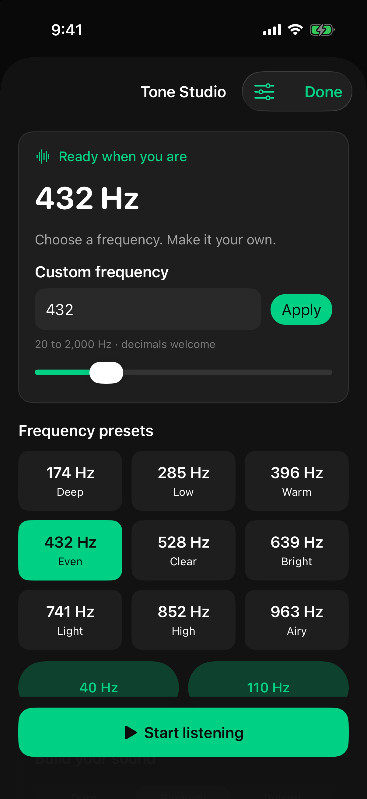 Tone Studio screen at 432 Hz, with a custom frequency field and a grid of frequency presets